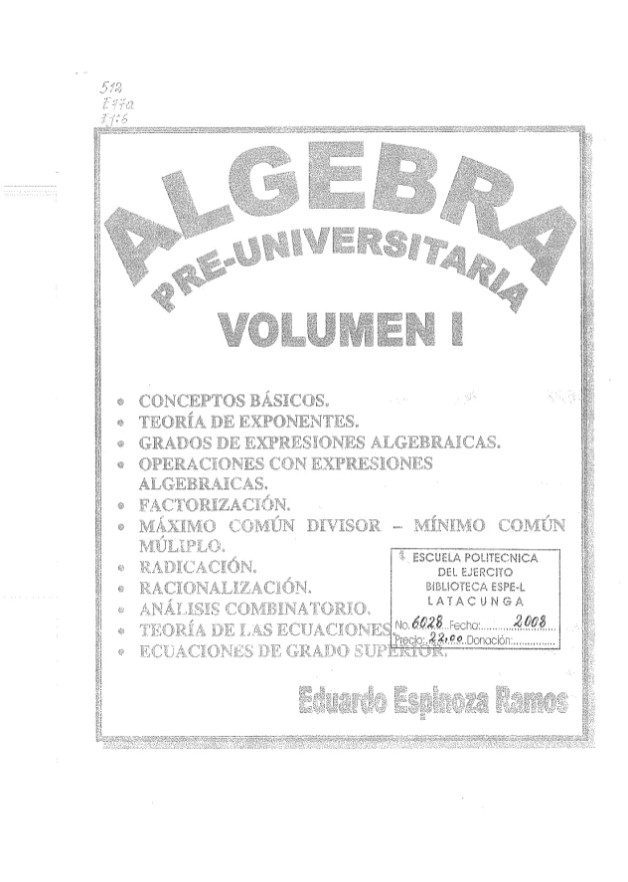 Álgebra Preuniversitaria Vol. 1 - Eduardo Espinoza Ramos - 1ra Edición