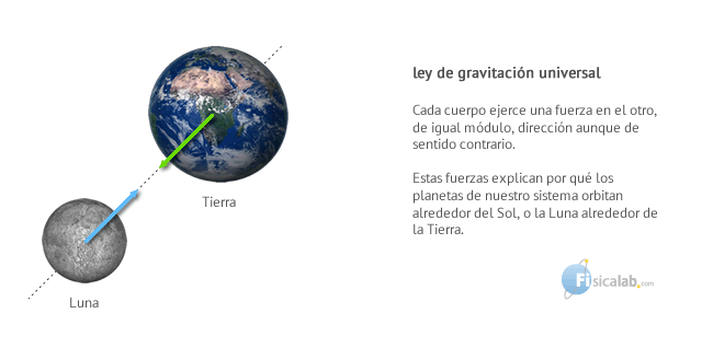 Cada cuerpo ejerce una fuerza en el otro, de igual módulo, dirección aunque de sentido contrario.Estas fuerzas explican por qué los planetas de nuestro sistema orbitan alrededor del Sol, o la Luna alrededor de la Tierra.